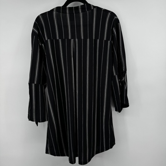 Black White Tunic Top Striped Split Sleeve V Neck Women L XL Career Office NWT - Picture 3 of 11